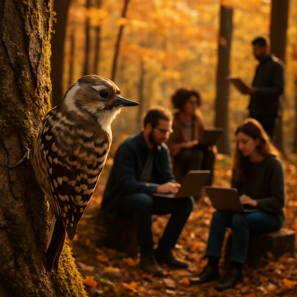 秋の森の中、苔むした木に止まるコゲラが、近くでデジタル機器を使う人々を見つめている様子。