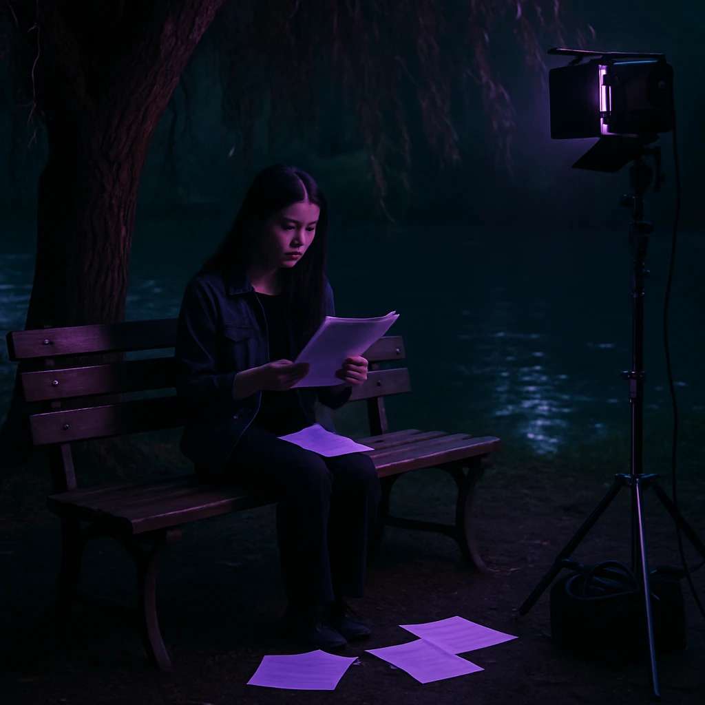 夜の川辺にある老ヤナギの木陰で、木製ベンチに座る長い黒髪の女優が台本を読む様子を幻想的な青紫色の照明が照らしている。