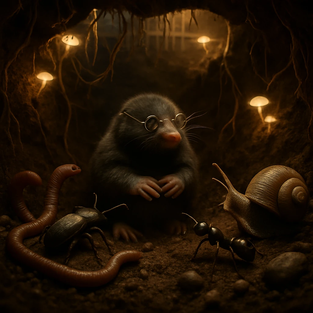 地下の柔らかな土壌の中で、シバモグラやミミズ、コガネムシ、ナメクジ、アリなどの小動物たちが輪になって会議をしている様子。