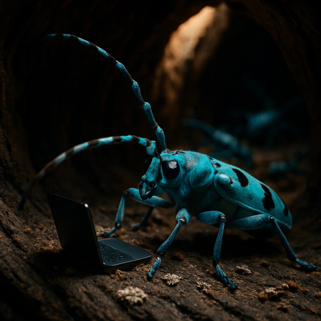 木のうろの中で青いルリカミキリがノートパソコンをじっと見つめている写真風の一場面。