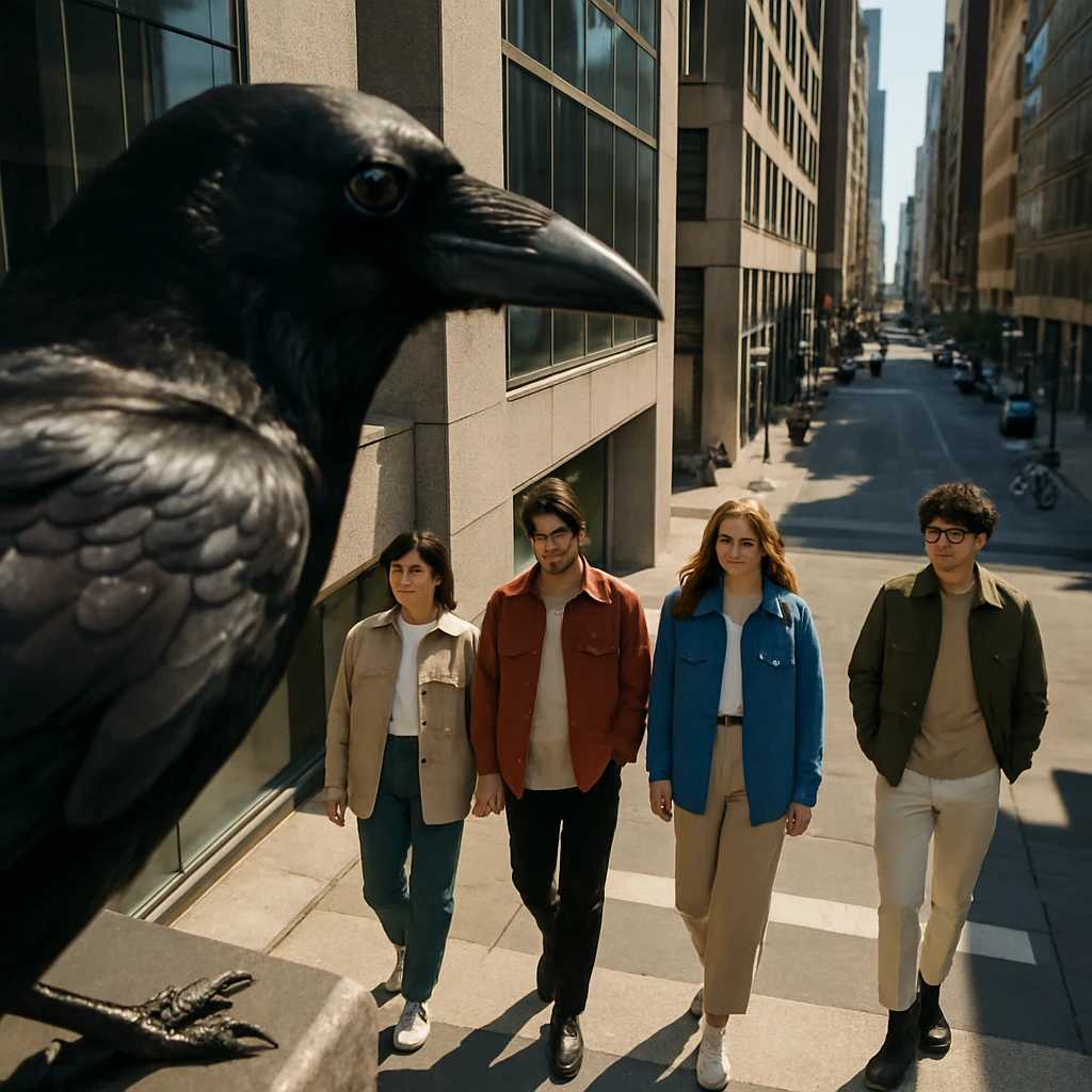 高層ビルの上からカラス目線で見下ろす都会の通りに、さまざまな色のシャツジャケットを着た若者たちが歩いている様子。