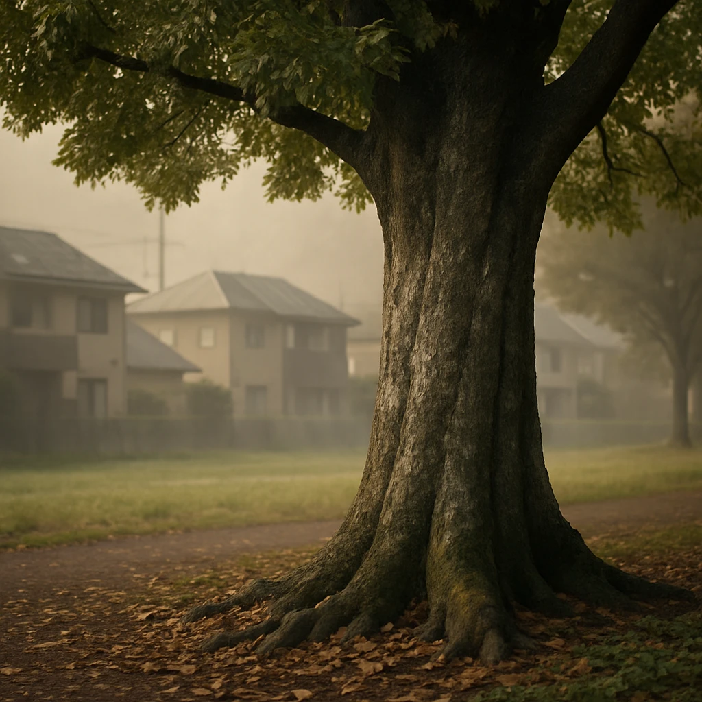 ススや粒子で黒ずんだアオダモの幹と葉が都市公園の縁に立ち、秋の落ち葉や苔、クローバーに囲まれている様子。