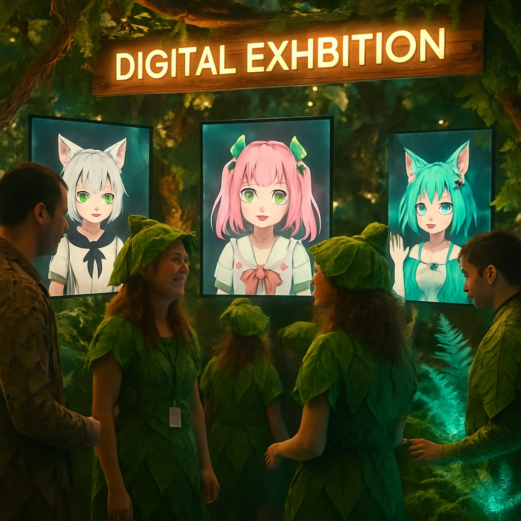 デジタル空間の森エリアで、葉っぱや樹皮風のコスチュームを着た人々とVTuberアバターがシダの展示ブースで交流している様子。