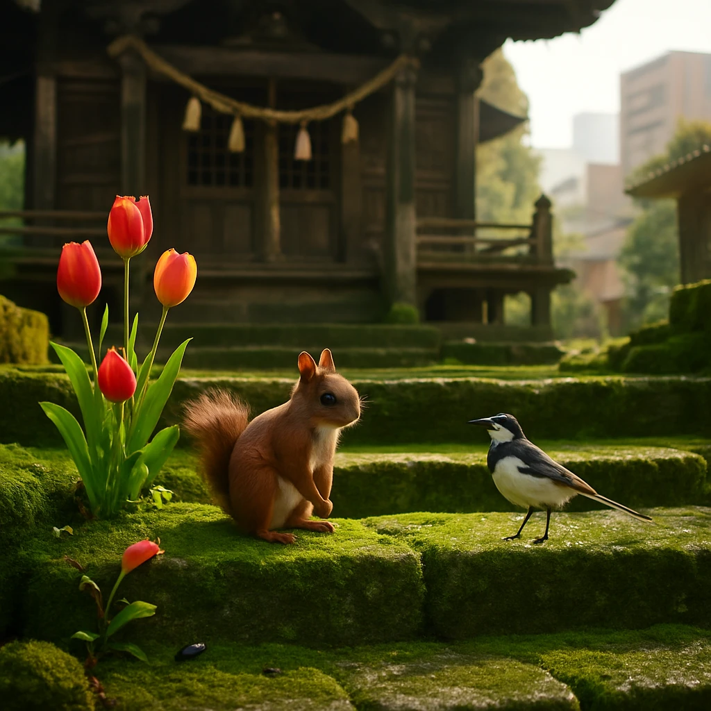 朝露に濡れた古い神社の石段の苔の上に、リスやヤマガラ、チューリップなどが集まっている場面。