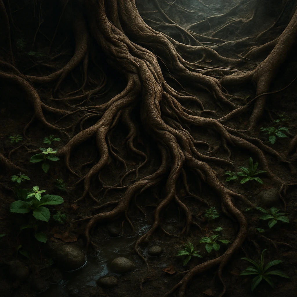 地下の湿った土の中で藤やサクラ、ドクダミなど多様な植物の根が絡み合って伸びている様子。