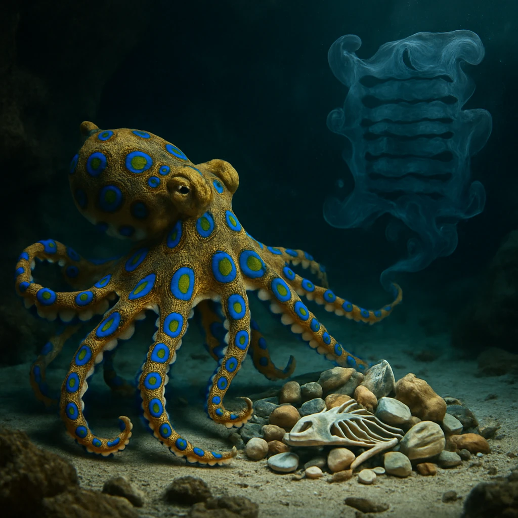 海底洞窟で色鮮やかなヒョウモンダコが小石や貝殻のそばで腕を伸ばし、インクの帳簿がふわりと漂う様子。