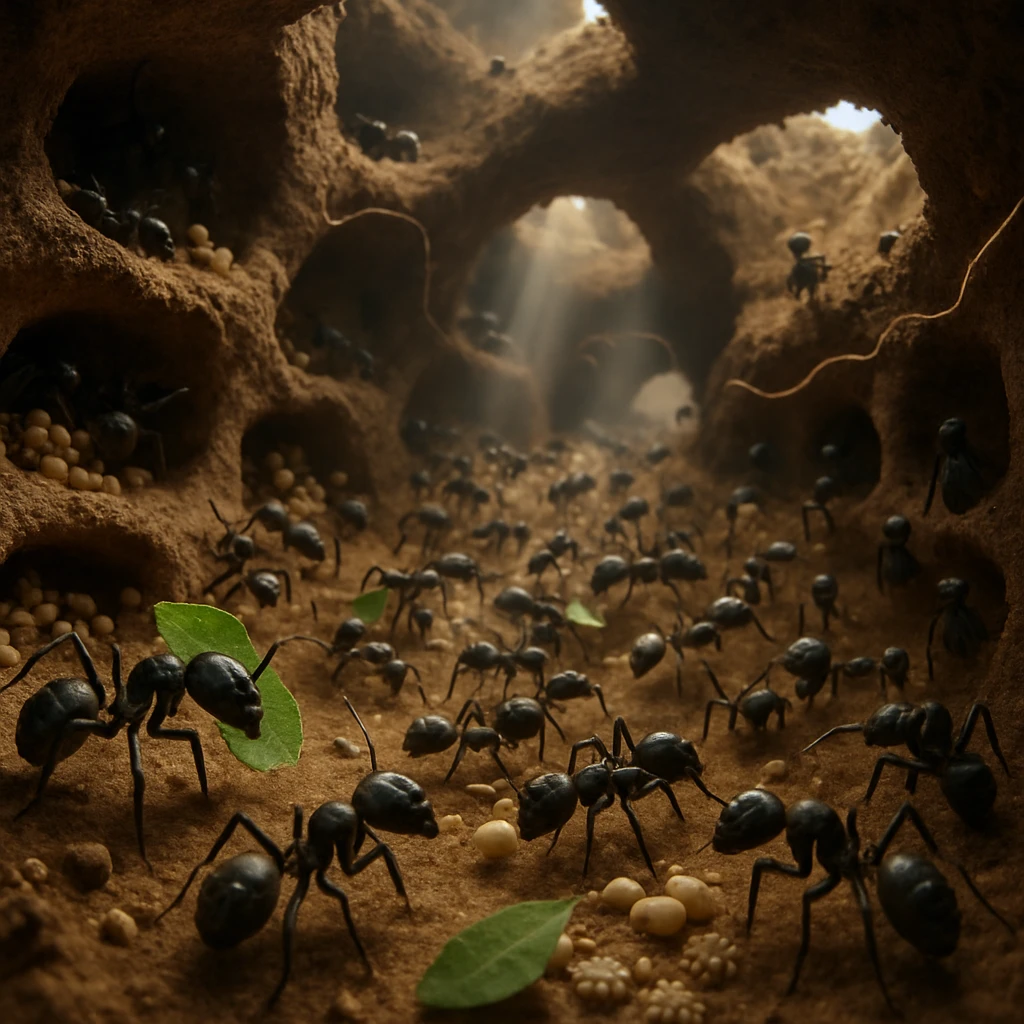 地下のアリの巣で、クロヤマアリたちが葉や種を運び賑やかに交換している市場の様子。