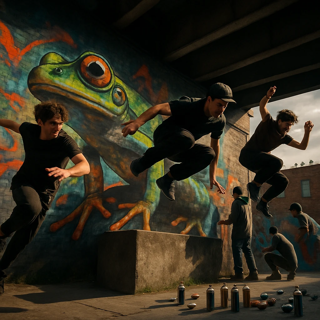 高架下の壁画を背にパルクールをする若者たちと、その様子を見下ろす屋根の上のハトが写る都市の一場面。