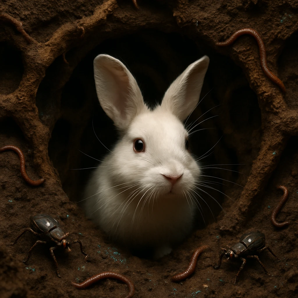 地中のトンネルの入口から顔を出す長いヒゲの白い兎と、周囲の湿った土壌や小さな地中生物たちの写真。