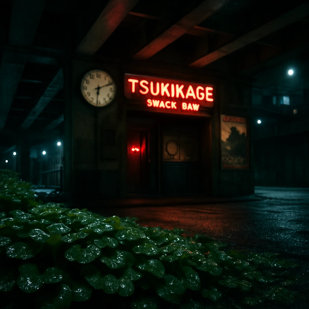 都会の歩道橋下で、湿った苔が手前に生い茂り、奥には赤いネオンのスナック『月影』の入口と大きな銀色のアナログ時計が並ぶ夜景。