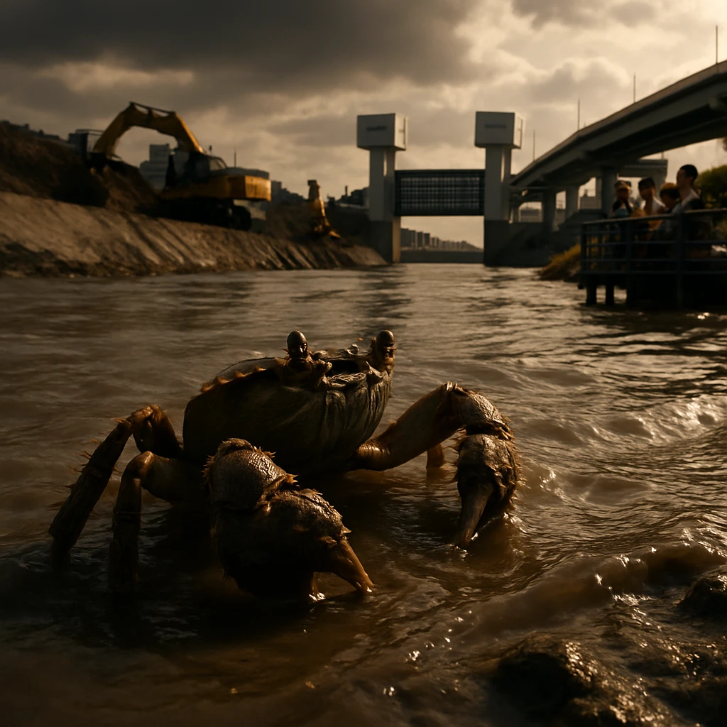 泥の中から顔を出し、都市河川の工事現場と観察デッキの子どもたちを見上げるモクズガニの写真。