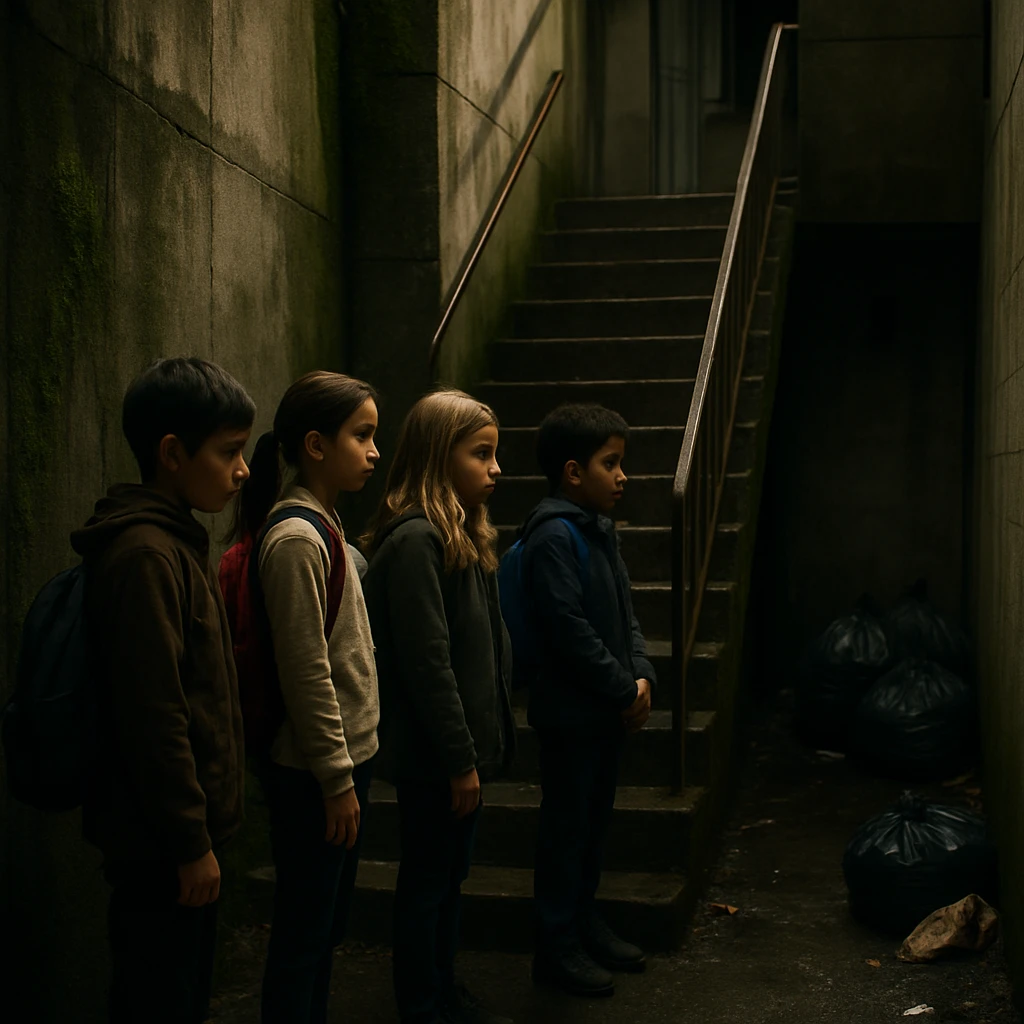 団地の北側非常階段の足元で、苔が生えたコンクリート壁やごみ袋のそばに子どもたちが静かに並んでいる様子。