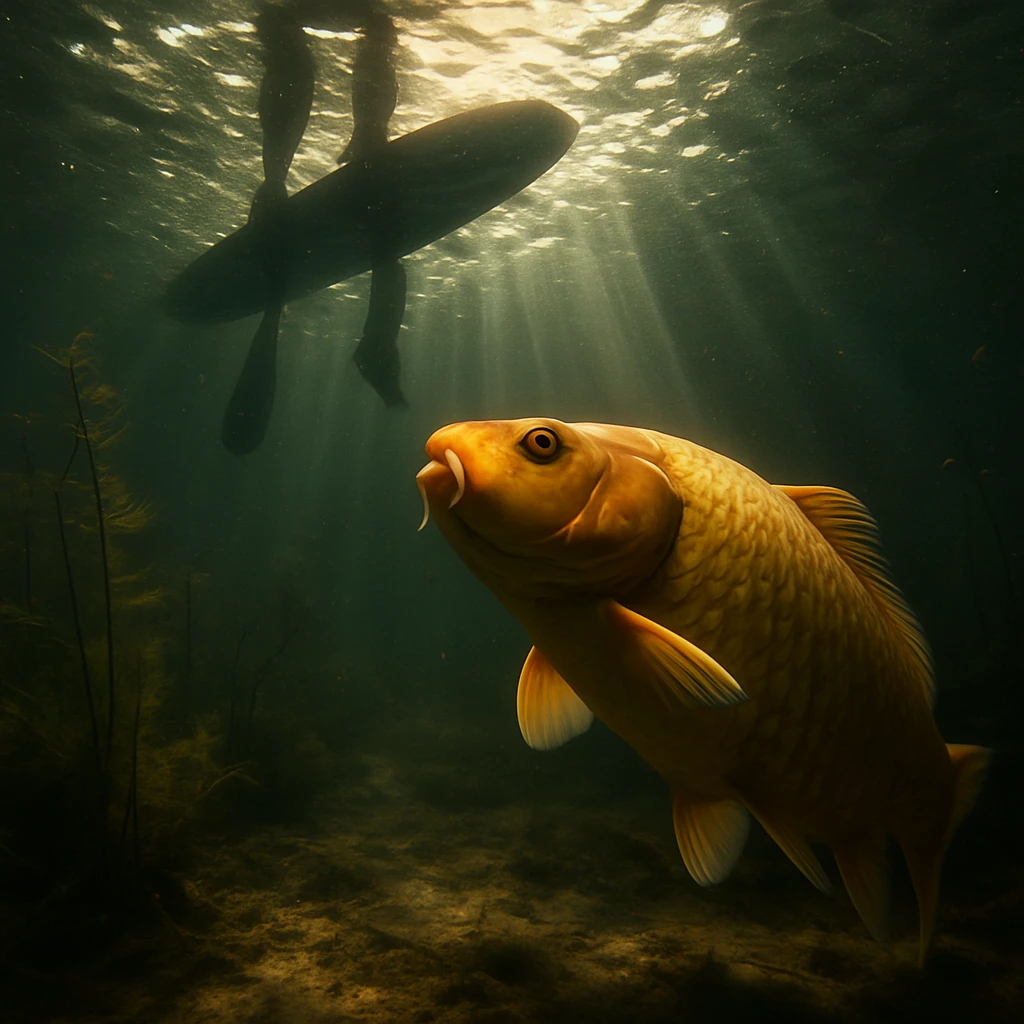 水中から見上げた黄金色の巨大なコイと、頭上のパドルボードの人間の足が光の中に影を落としている様子。