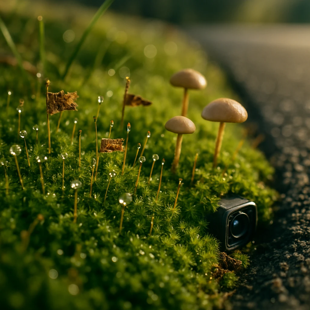 アスファルトの道端に広がる鮮やかな苔や小さなキノコ、苔の間に即席のフラッグや小型カメラが隠れている様子のリアルな接写写真。