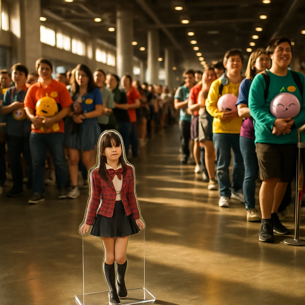 都会のイベントホールの床に推しアクスタが落ちており、その奥に多くのファンが列を作っている様子。