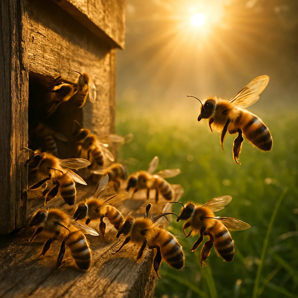 朝陽を浴びながら巣箱の入り口で集団行動をするミツバチたちのリアルな写真。