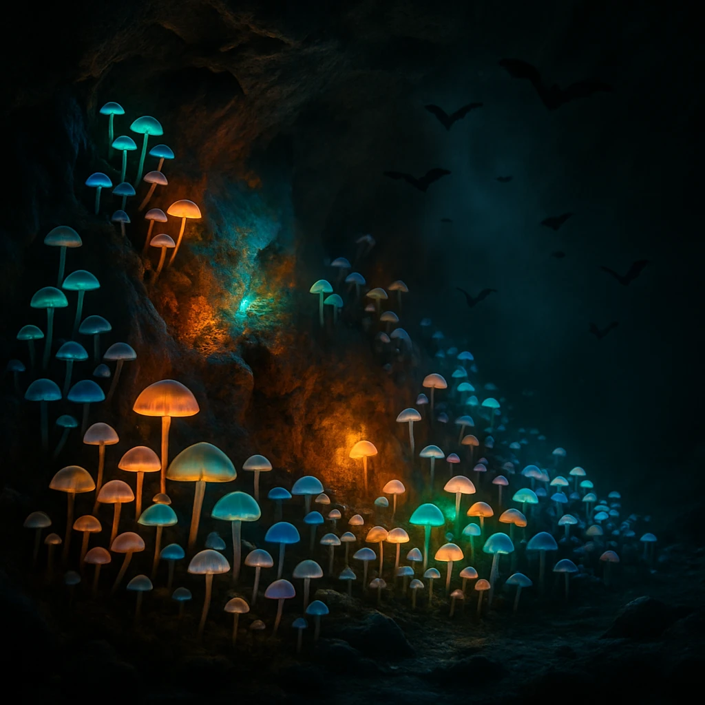 洞くつの壁に群生する発光キノコたちが幻想的に輝く様子の写真。