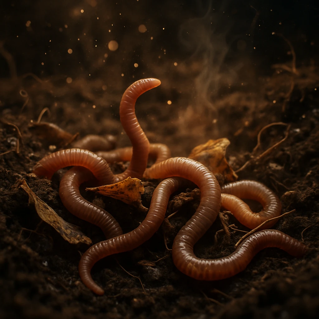 温かい湿った土壌の中でシマミミズたちが集まり、発酵した葉や根の周囲でくねる様子をリアルに捉えた画像。