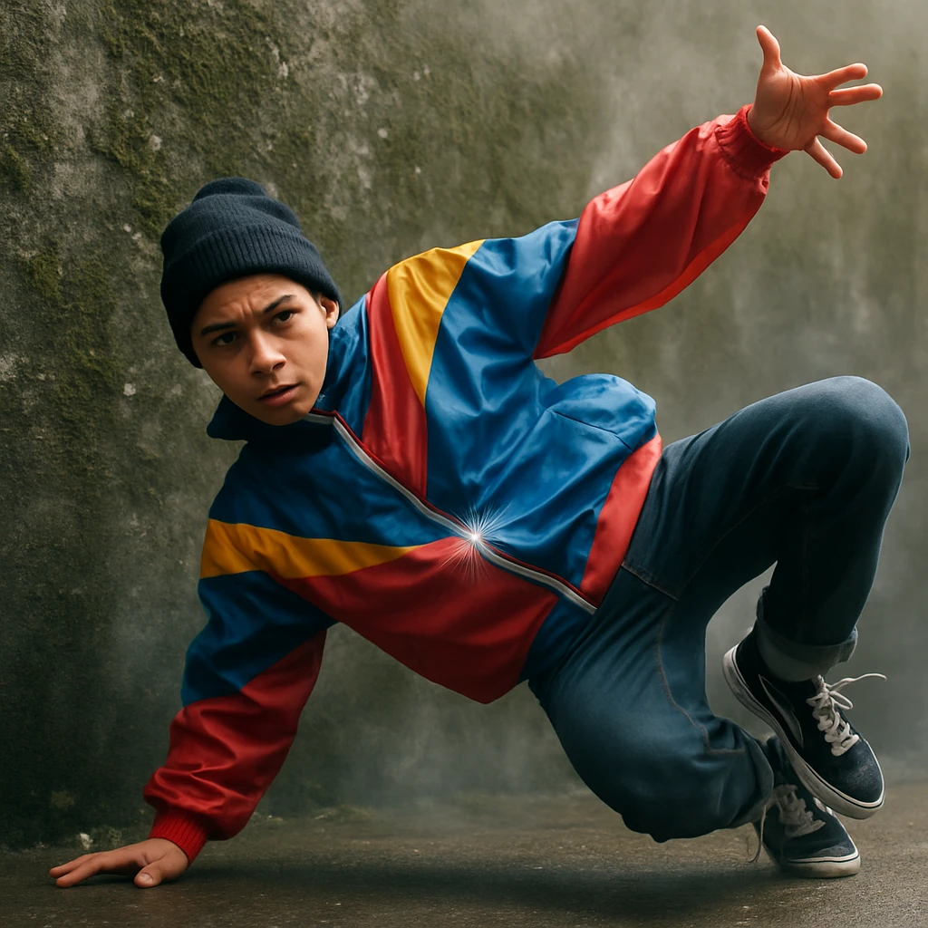 湿ったコンクリ壁に華やかなトラックジャケット姿でフリーズを決める若いブレイキンダンサーと、その足元の地衣類。