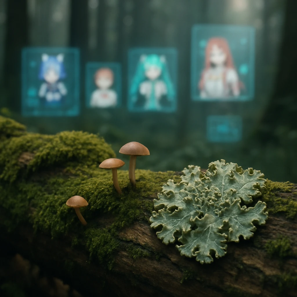 苔やキノコ、シモフリイワタケが生えた樹皮の陰で、デジタルスクリーンがぼんやりと光る幻想的な森の風景。