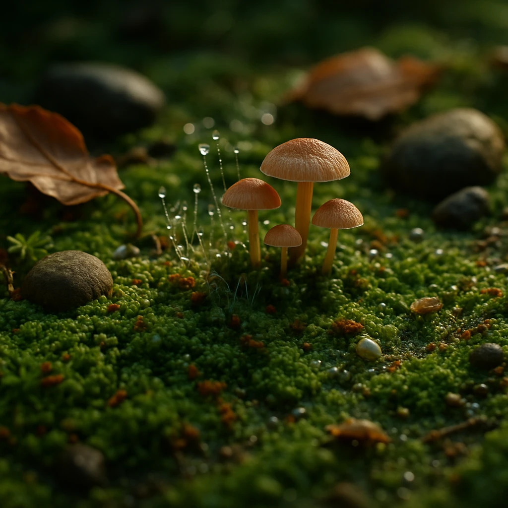 落ち葉と石の下に広がるコケや菌、微小な生き物たちが密集する森の林床のクローズアップ写真。