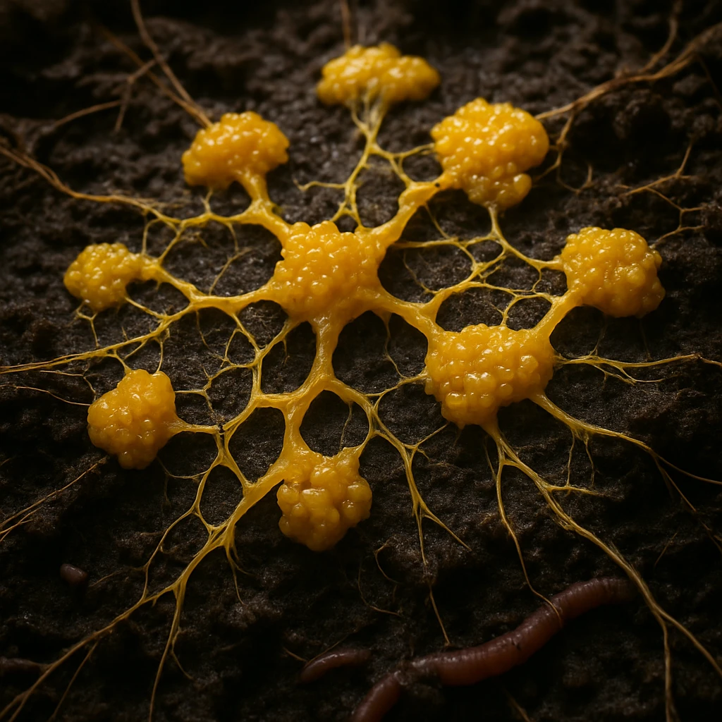 湿った土壌の上に広がる黄色い粘菌と、そのネットワーク状の模様を接写した写真。