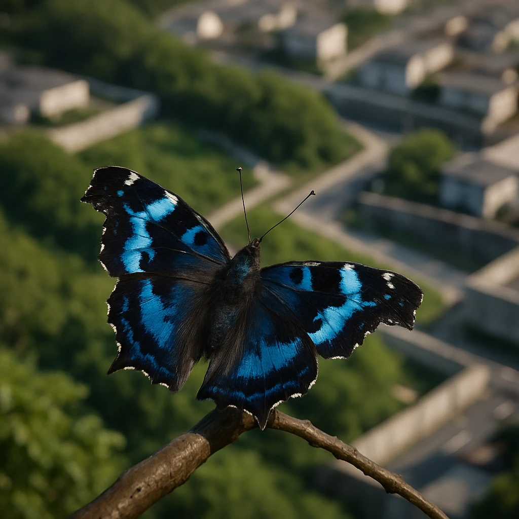 小枝にとまる青と黒の美しいルリタテハが、住宅地の緑の回廊を眺めている写真。