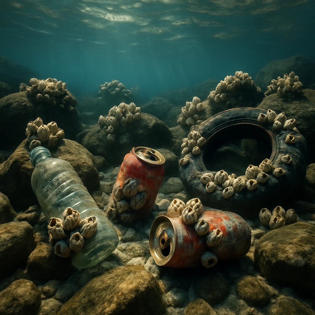 海底の岩やプラスチックごみに付着しているフジツボたちを日の光が照らしている様子。