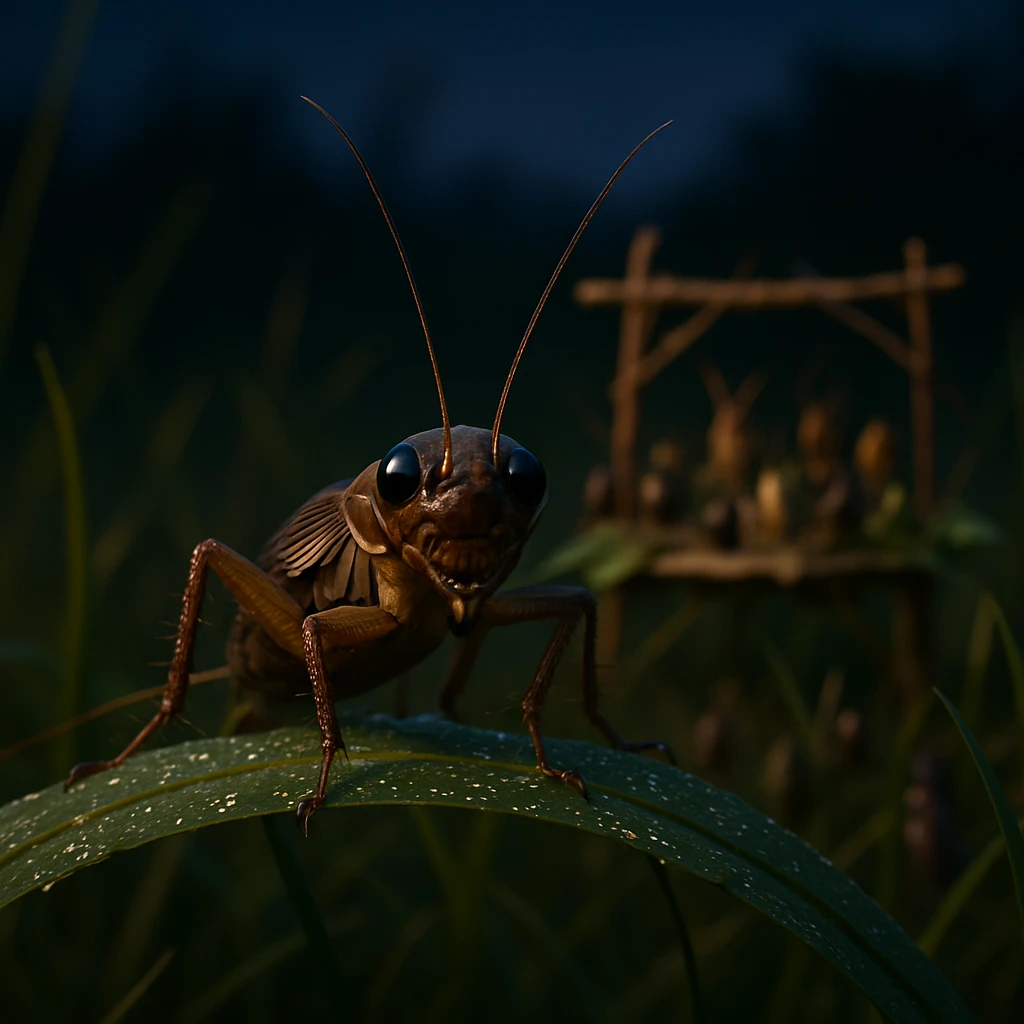 夕暮れのカヤツリグサの上で目立つように止まるスズムシと、その奥に興味深げな虫たちが集まる様子。