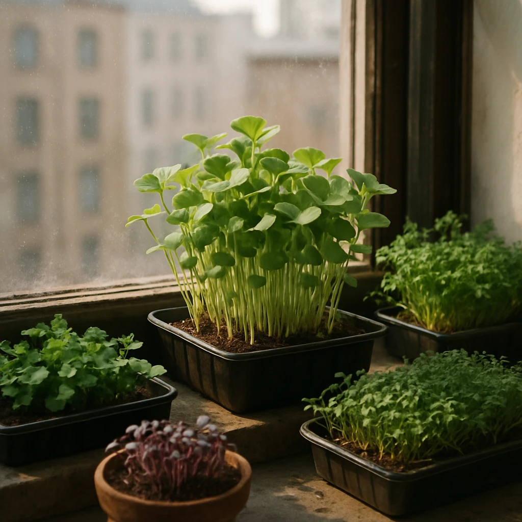 都会の窓辺にずらりと並んだ鉢植えから、さまざまなマイクログリーンが元気に芽吹いている様子。