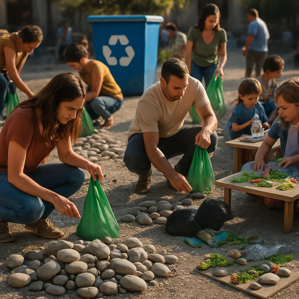 日差しの差す砂利広場で、人々がエコバッグ片手に川原の石を拾い集め、奥には青いリサイクルボックスや、お絵かきする子どもたちが見える様子。