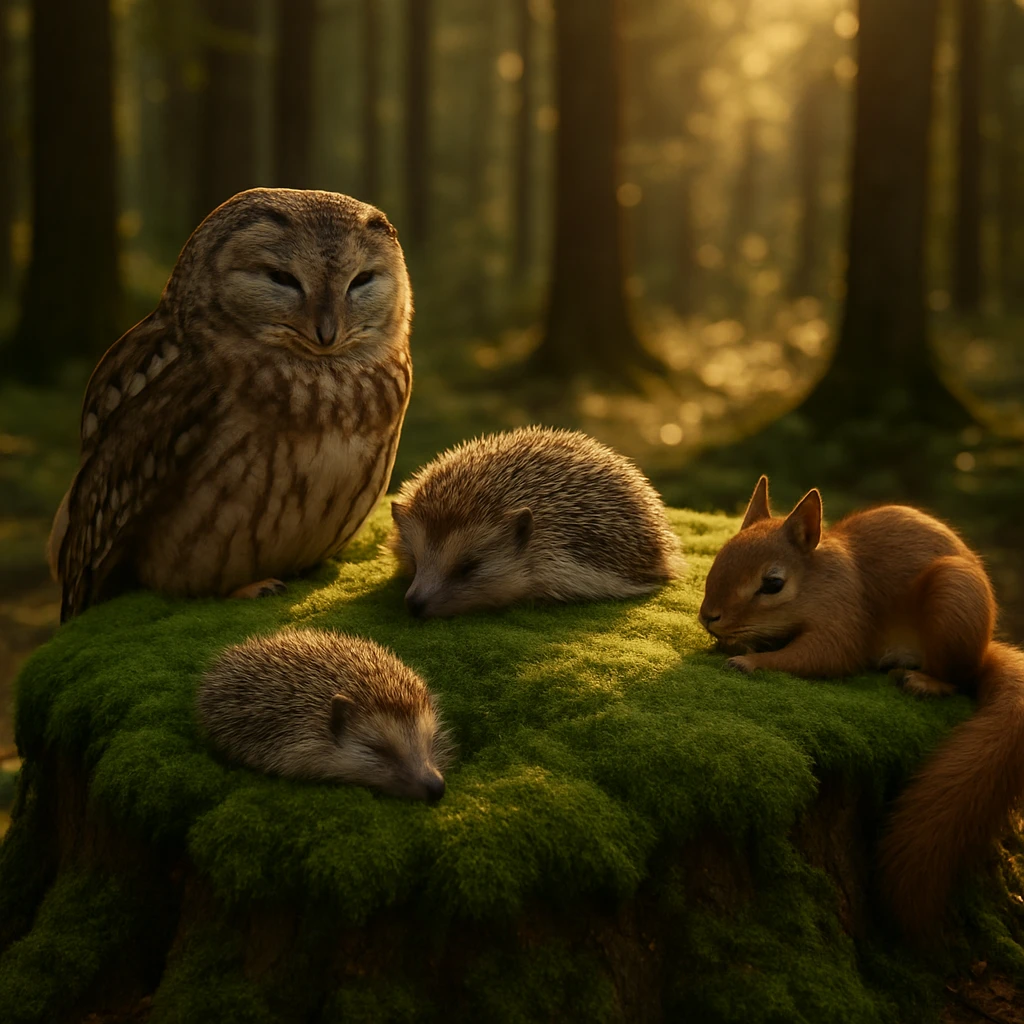 森の切り株の上に広がるふかふかの苔マットの上で、リスやハリネズミ、フクロウが心地良さそうに寄り添って眠っている様子。