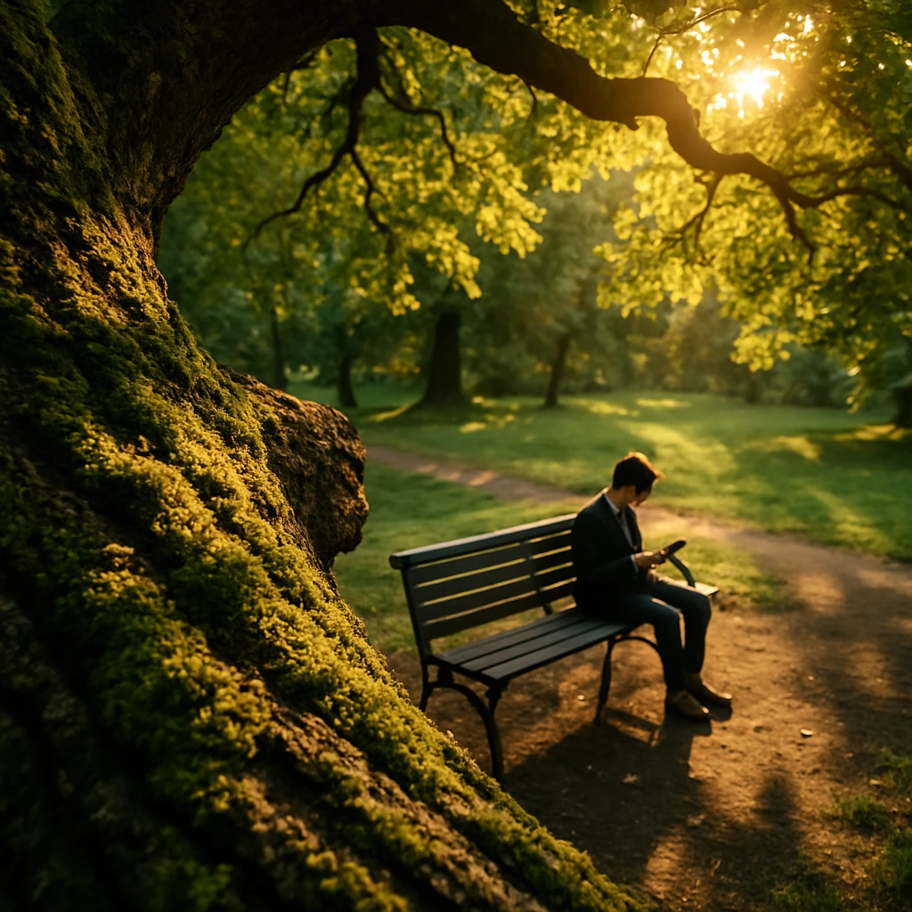 カシノキの大枝越しに、公園のベンチでスマートフォンに夢中の人を見下ろす昼下がりの光景。
