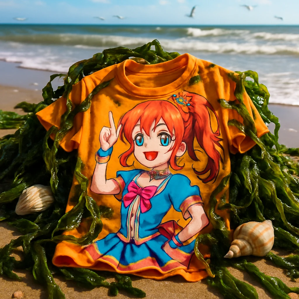 カラフルな二次元アイドルのプリントTシャツがワカメや貝殻と一緒に砂浜に漂着している様子。