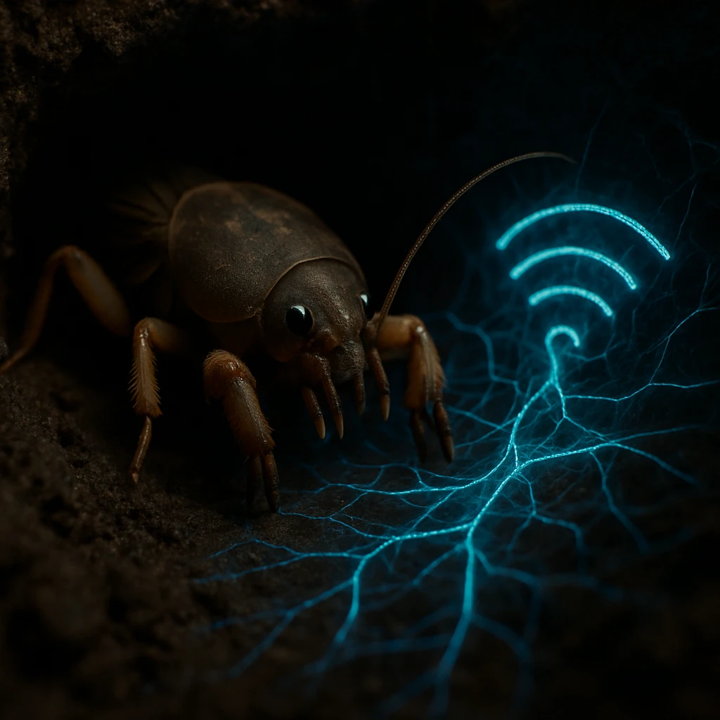 地中の暗い土の中に、モグラコオロギが青白く光るデジタルネットワークのような線に近づいて観察している様子。