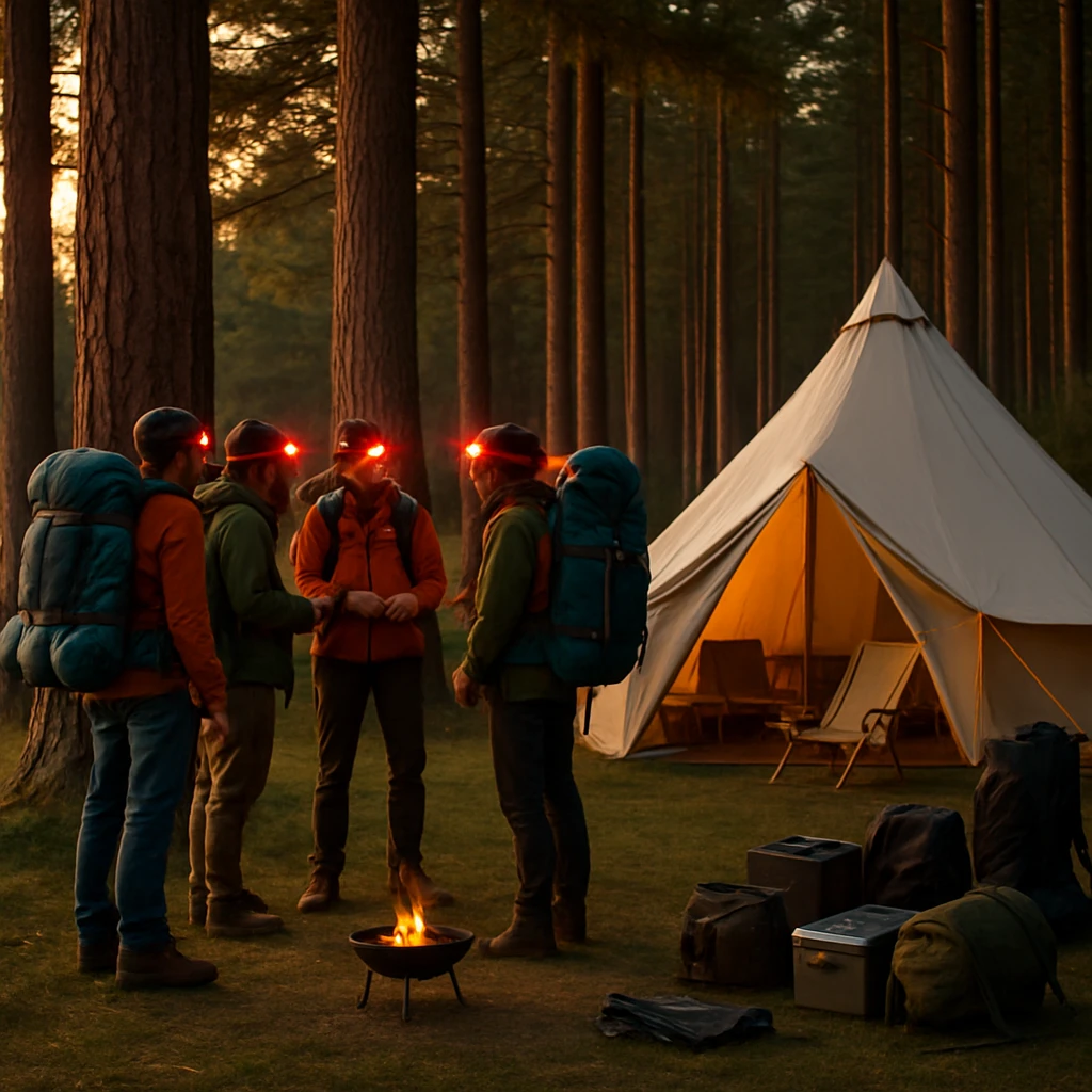 夕暮れの松林のふもとで、赤いヘッドランプをつけた複数のキャンパーが大型リュックと最新ギアを広げている様子。