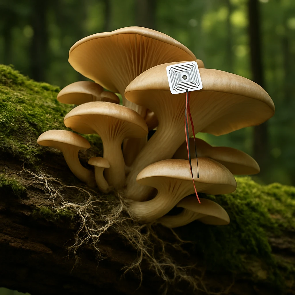 苔むした倒木の裏側に成長するヒラタケの群れのうち、ひとつのキノコに小さなRFIDタグがぶら下がっている様子。