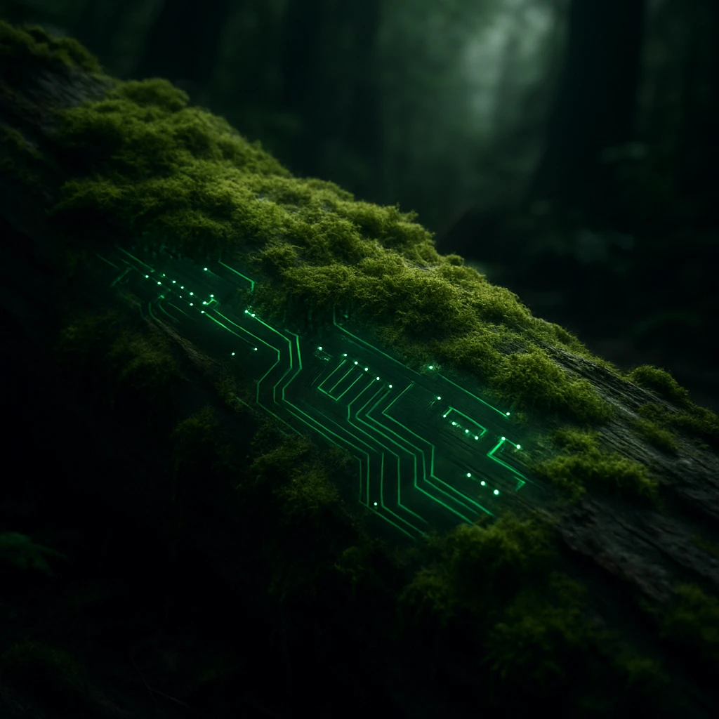 薄暗い森の中で、苔が古い倒木の上に生い茂り、淡く光るデジタル模様が自然と交錯している写真。