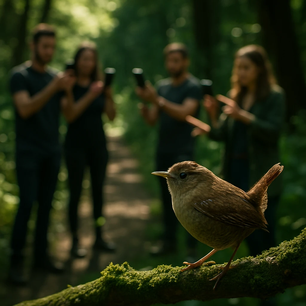 雑木林の小道でスマートフォンを掲げて操作する人々と、手前の苔むした枝にとまるミソサザイの姿。