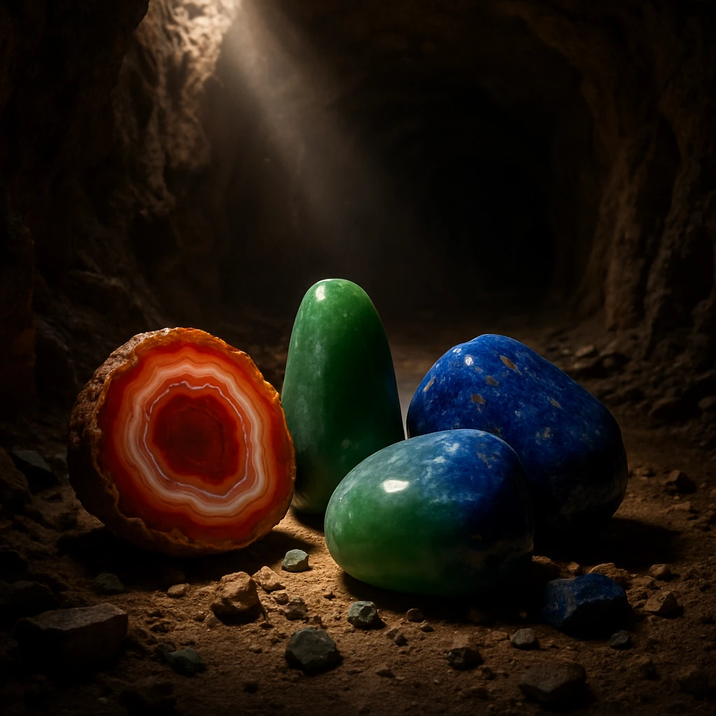 鉱山の暗い坑道内で、瑪瑙・翡翠・ラピスラズリが集まり討論しているように並べられたリアルな宝石の集合の写真。