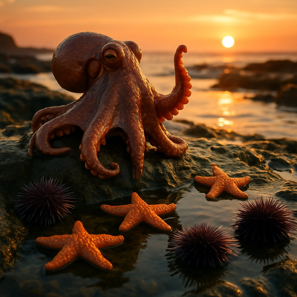 夕暮れの潮だまりで、マダコが岩の上でヒトデやウニたちに面談をしている様子のリアルな写真風イメージ。