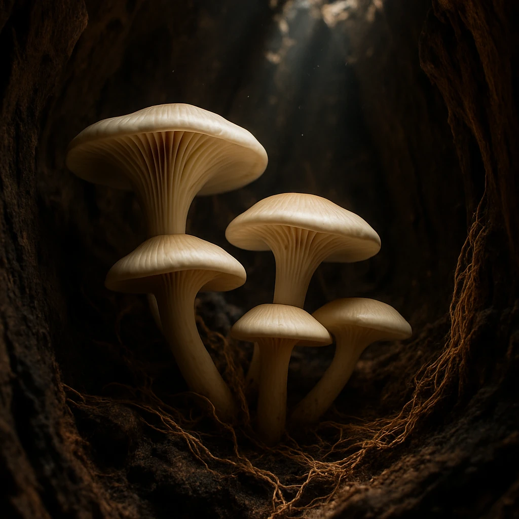 切り株の内部で4本のヤナギタケが菌糸網を広げて集まっている様子のリアルな写真風イメージ。