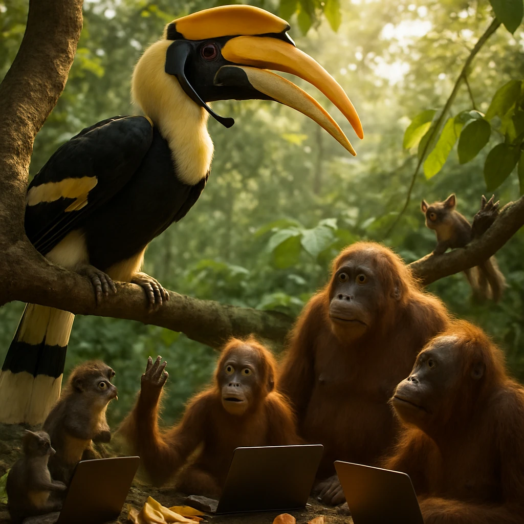 森林の高い枝の上で大きなクチバシを持つカンムリサイチョウがオランウータンやムササビたちにクチバシの使い方を教えている様子。