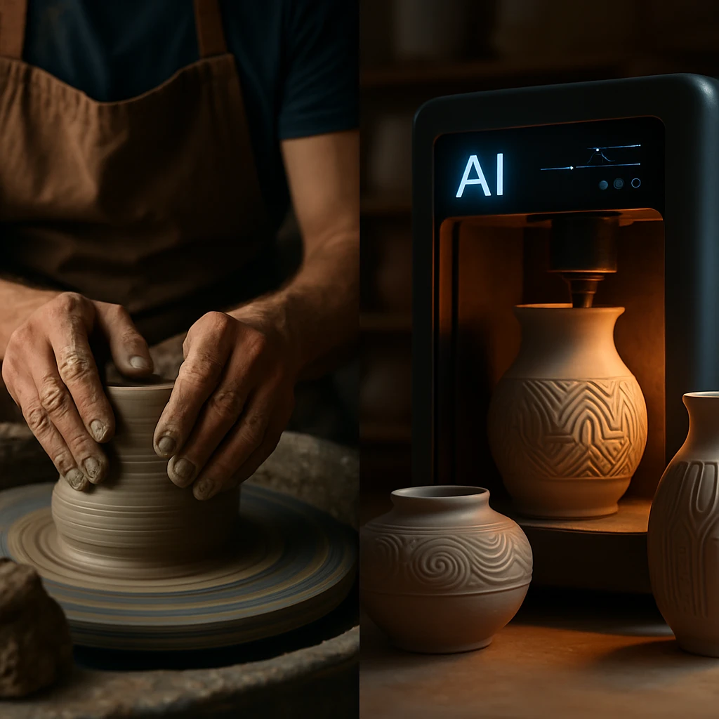 陶芸工房で職人がロクロで粘土を手作業する様子と、隣でAI窯が自動で器に模様を刻む近未来的な場面。