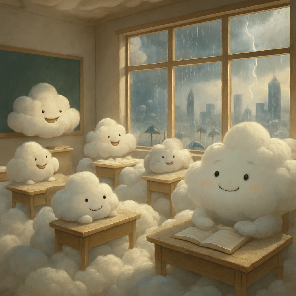 窓から人間の街を見下ろす、雲でできた机や椅子が並ぶ雲の小学校教室の様子。