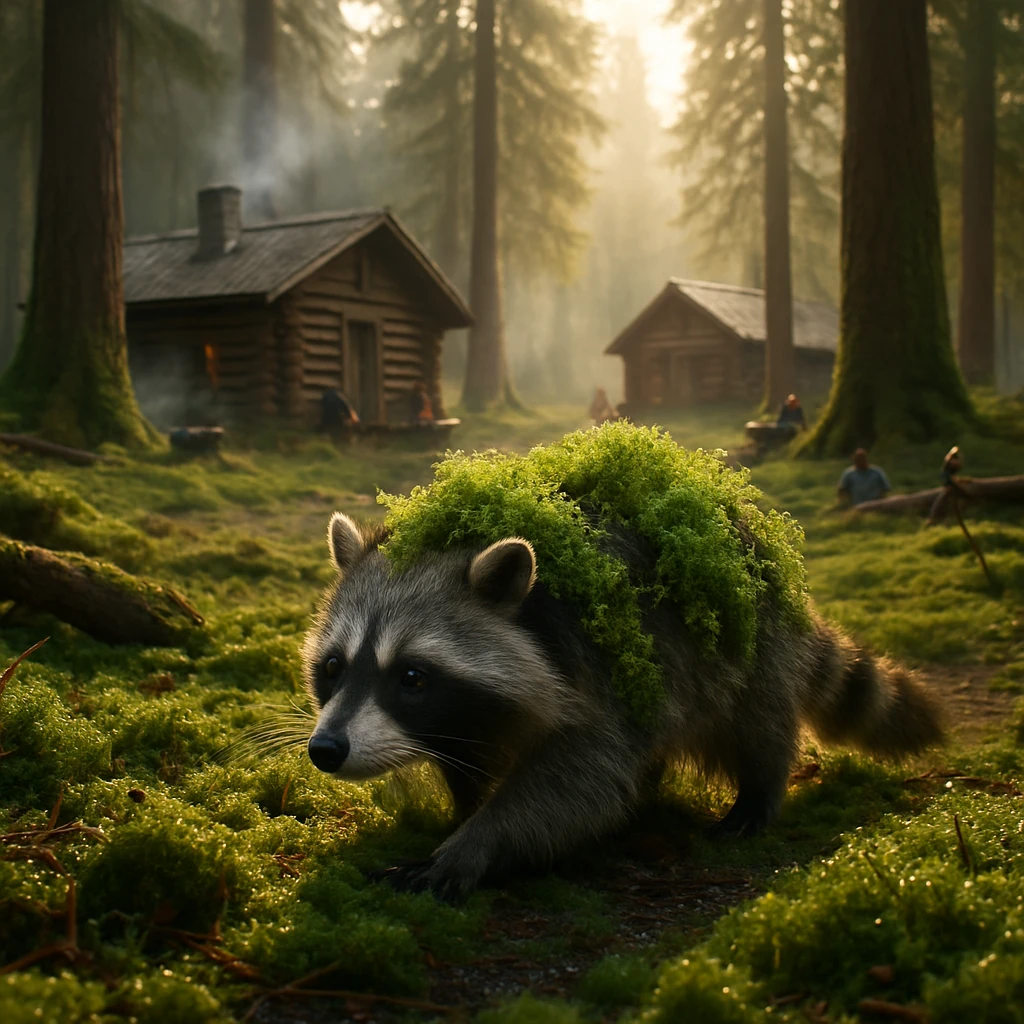 森の朝、背中に苔が付いたタヌキが苔視点で歩く様子と、奥に丸太小屋が点在する風景。