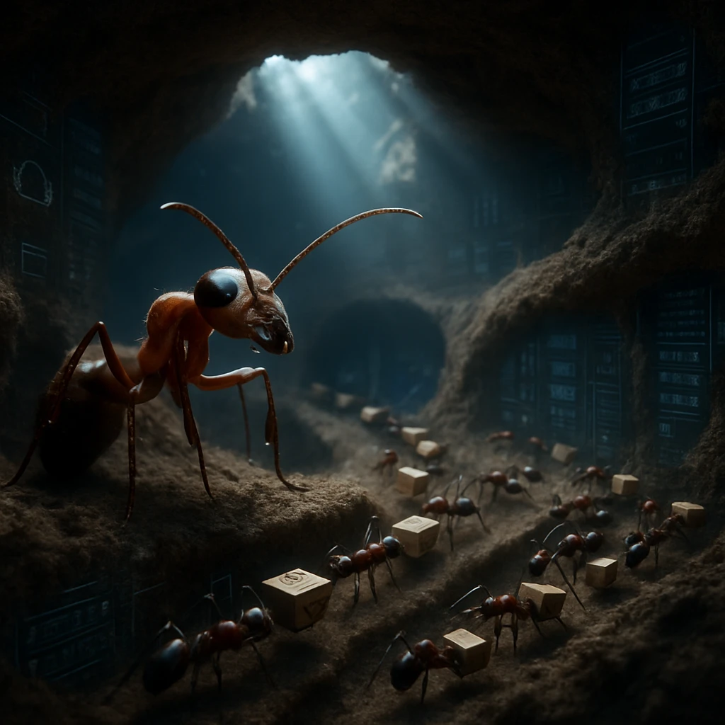 地下トンネルで荷物を運ぶアカヤマアリたちと、交差点で指示をする大きなアリの様子。