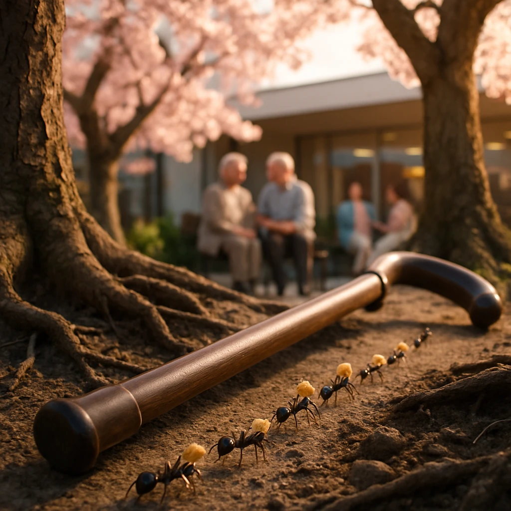 桜の木の根元でアリの行列と地面に立てかけられた杖が並ぶ様子を捉えた写真。