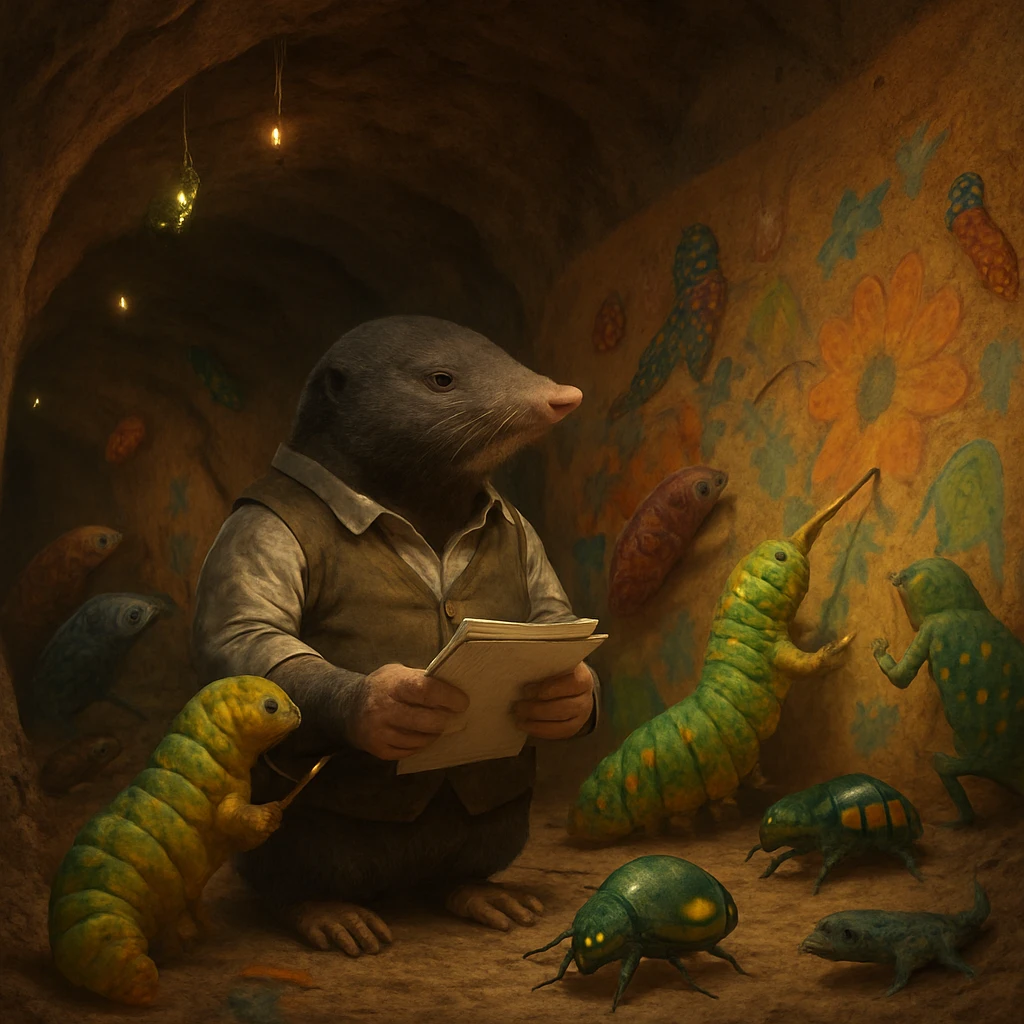 地下トンネル内でモグラと色とりどりのイモ虫たちが共に作業し、壁にアートを描く生き生きとした場面。