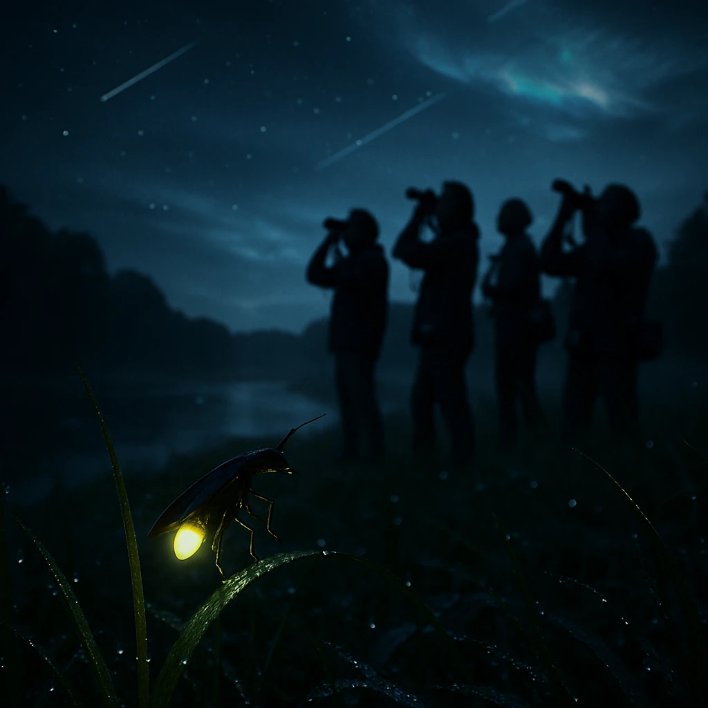 夜露のついた草むらの間近から見上げると、手前にはやさしく光るヒメボタルが浮かび、背景には双眼鏡とカメラを手に星空を見上げる人々や人工流れ星が夜空に輝いている。